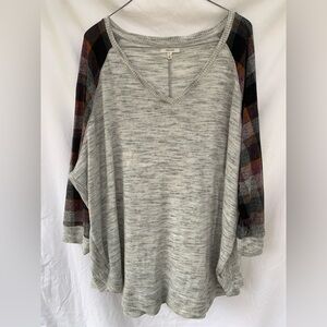 Maurices Gray V-Neck Sweater with Plaid Sleeves